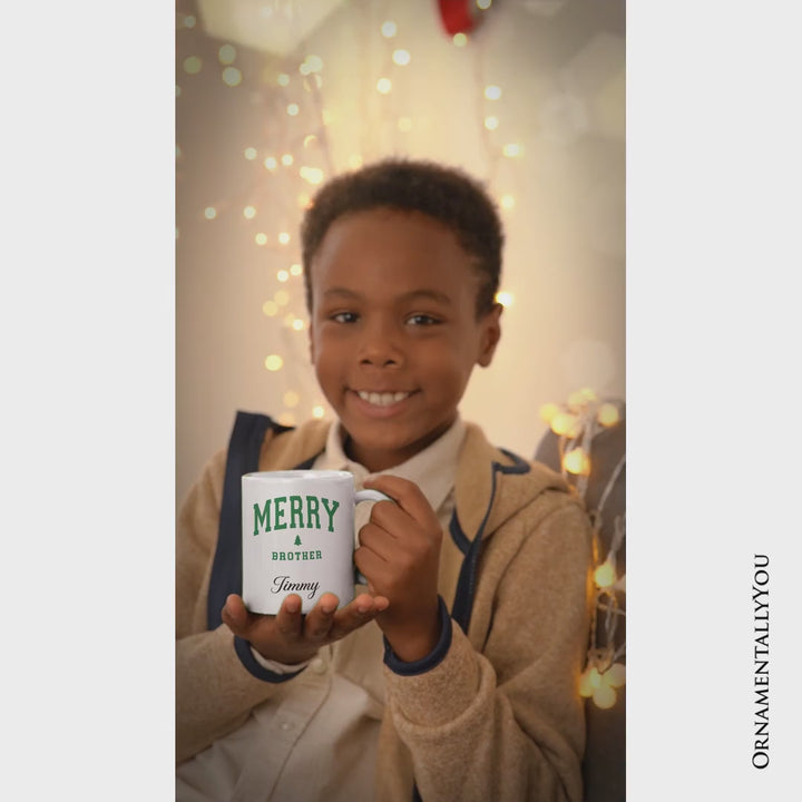 Merry Brother Retro Christmas Personalized Mug, Matching Family Holiday Gift with Custom Name