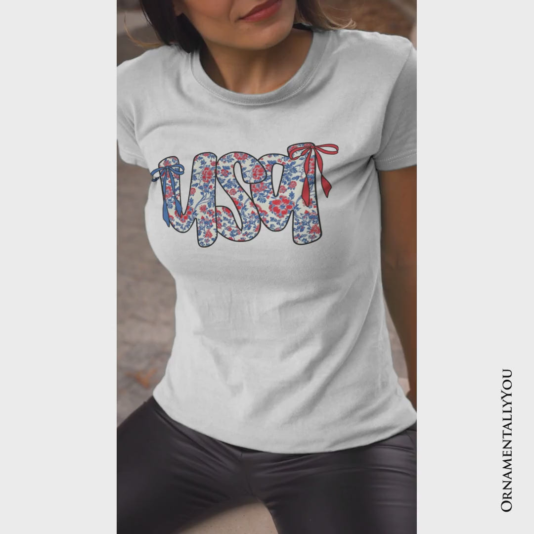 Floral USA Patriotic T-Shirt, 4th of July White, Natural and Black Tee for Stylish Women