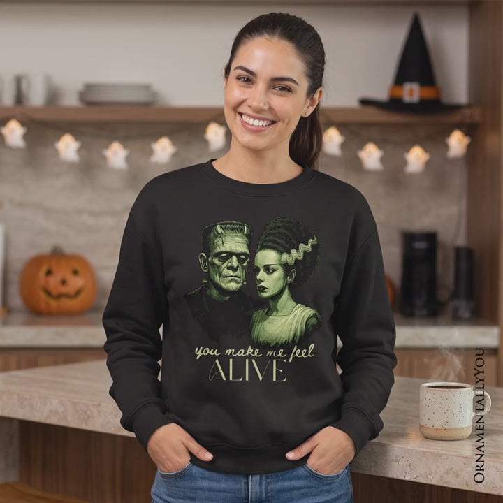 Frankenstein And Bride You Make Me Feel Alive Sweatshirt, Valentine Retro Horror Couples Love Sweater