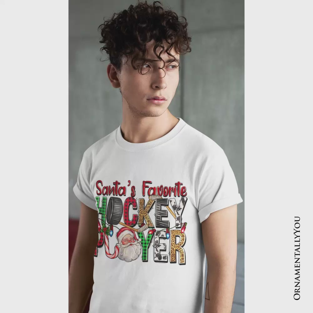 Santa’s Favorite Hockey Player Plaid Christmas T-Shirt, Sports Team Holiday Tee