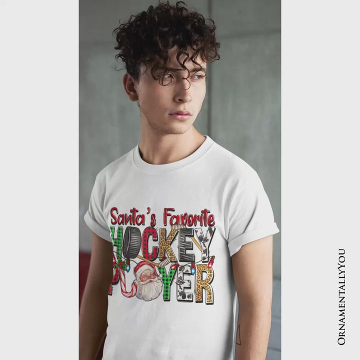 Santa’s Favorite Hockey Player Plaid Christmas T-Shirt, Sports Team Holiday Tee