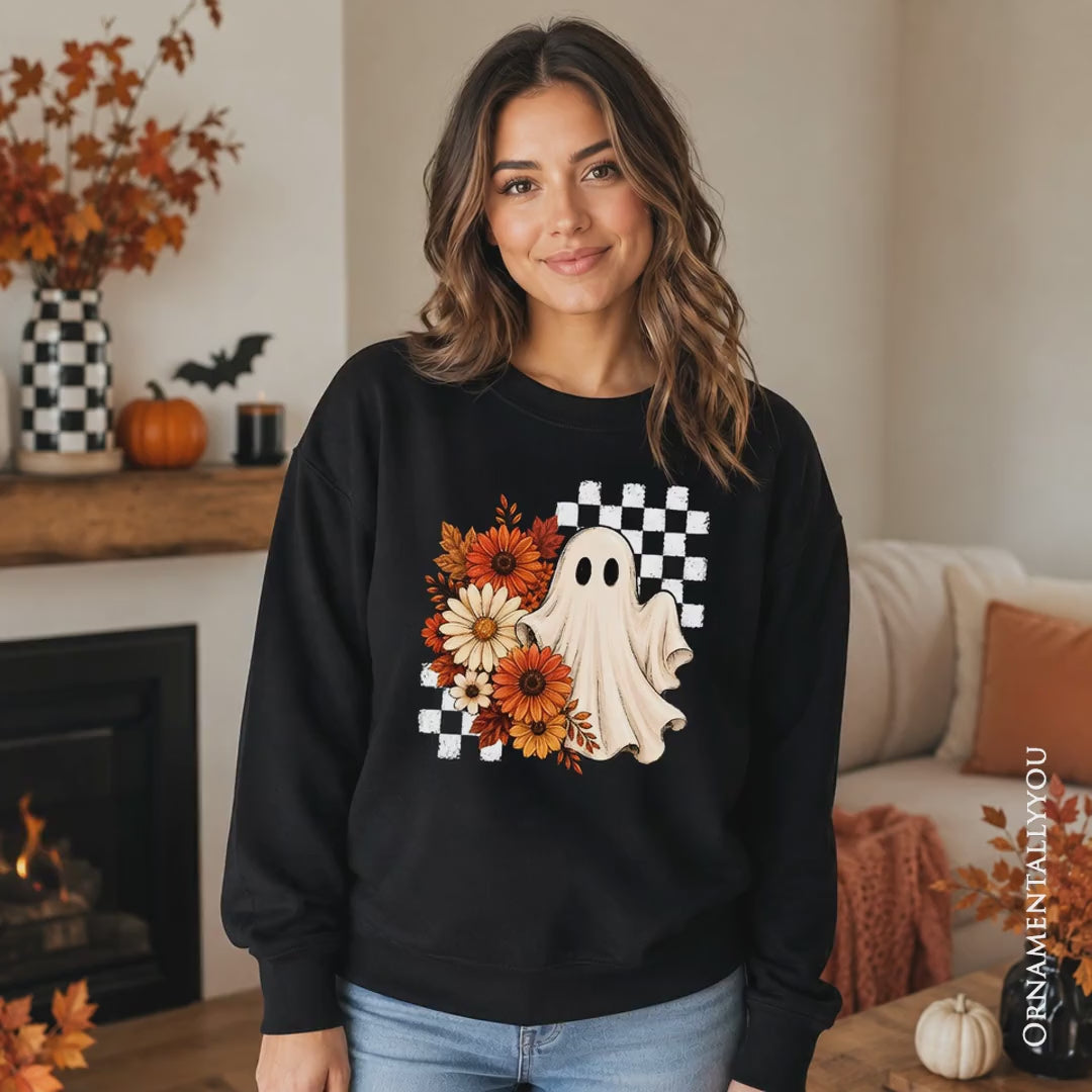 Checkered Floral Ghost Sweatshirt, Vintage Fall Halloween Daisy Sweater