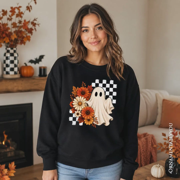 Checkered Floral Ghost Sweatshirt, Vintage Fall Halloween Daisy Sweater