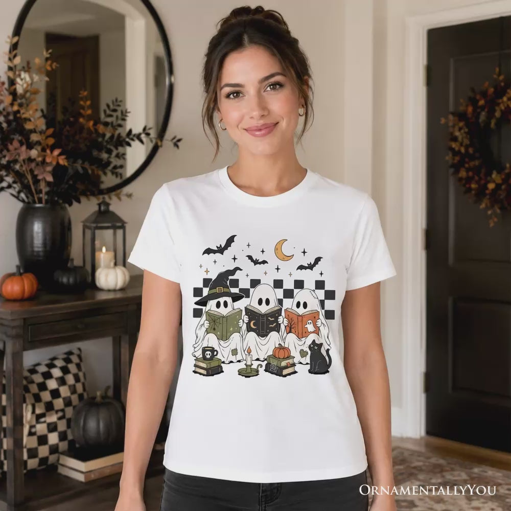 Bookish Ghosts Reading T-Shirt, Checkered Halloween Witch Cat Tee