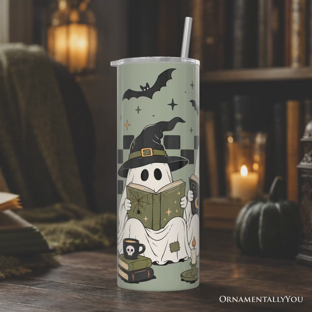 Spooky Ghosts Reading Books 20oz Personalized Tumbler With Lid and Stainless Steel Straw, Bookworm Halloween Gift Cup