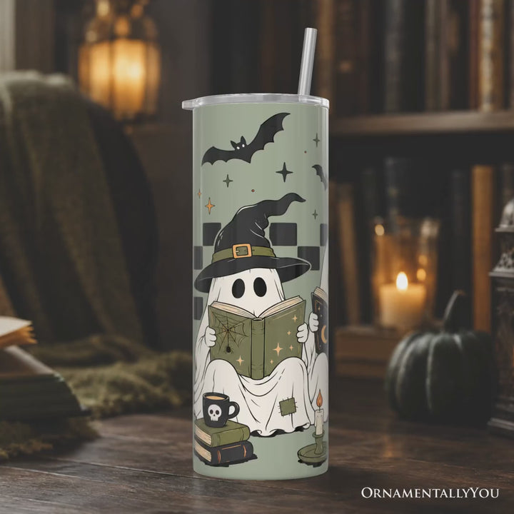 Spooky Ghosts Reading Books 20oz Personalized Tumbler With Lid and Stainless Steel Straw, Bookworm Halloween Gift Cup