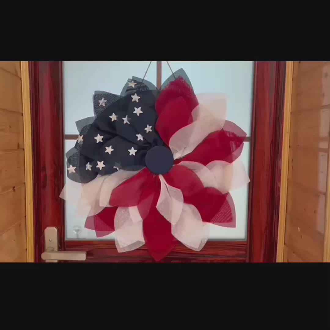 Rustic Burlap Patriotic 22" Wreath, American Flag Style 4th of July Front Door Home Decor