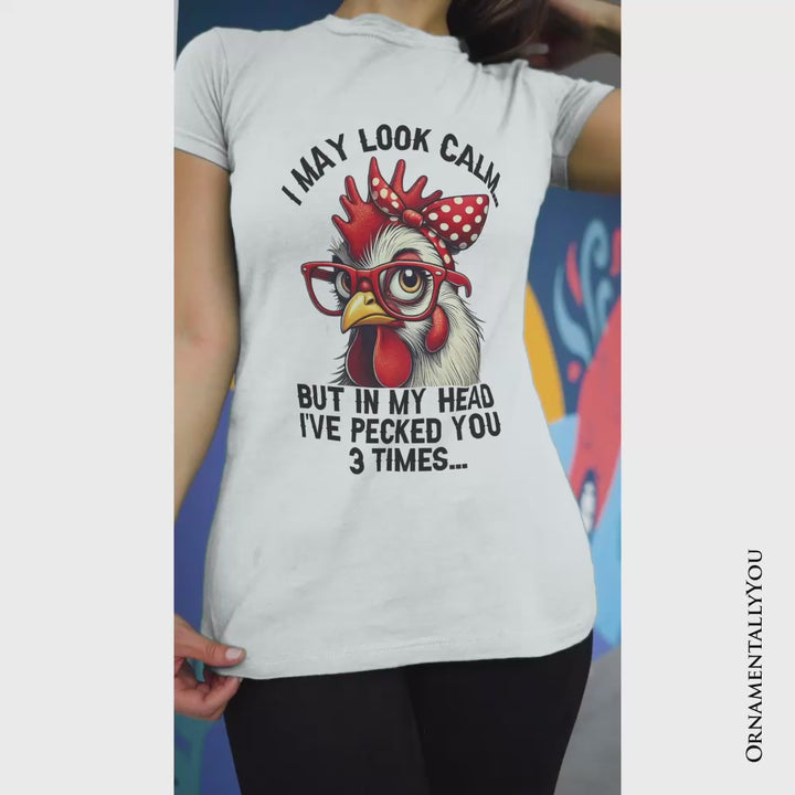 Pecking Chicken T-Shirt, Red Glasses and Bow White Tee for Sassy Women
