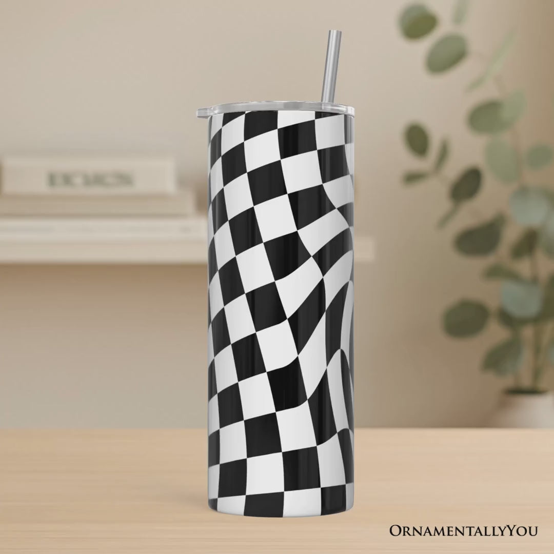 Black and White Checkerboard Swirl 20oz Personalized Tumbler With Lid and Stainless Steel Straw, Retro Optical Illusion Gift Cup