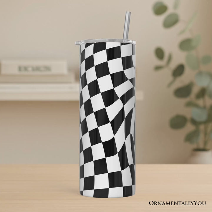 Black and White Checkerboard Swirl 20oz Personalized Tumbler With Lid and Stainless Steel Straw, Retro Optical Illusion Gift Cup