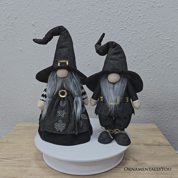Witch and Warlock Plush Gnome Set of 2, Elegant Gothic 18" Halloween Home Decoration