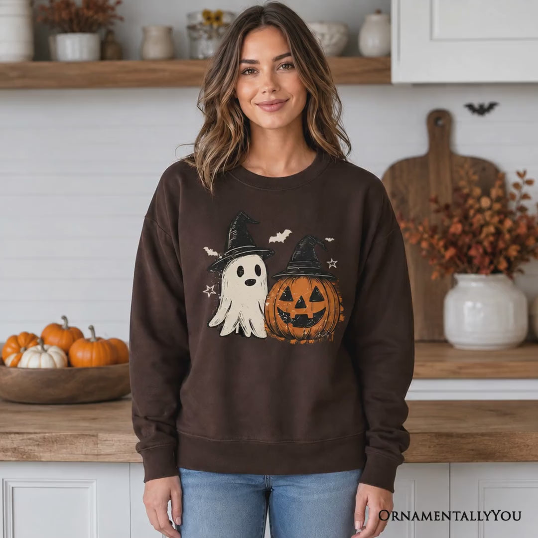 Witch Hat Ghost and Pumpkin Sweatshirt, Vintage Halloween Jack O' Lantern Sweater