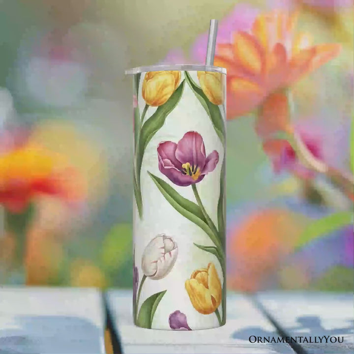 Spring Tulip Garden 20oz Personalized Tumbler With Lid and Stainless Steel Straw, Colorful Floral Bouquet Gift Cup