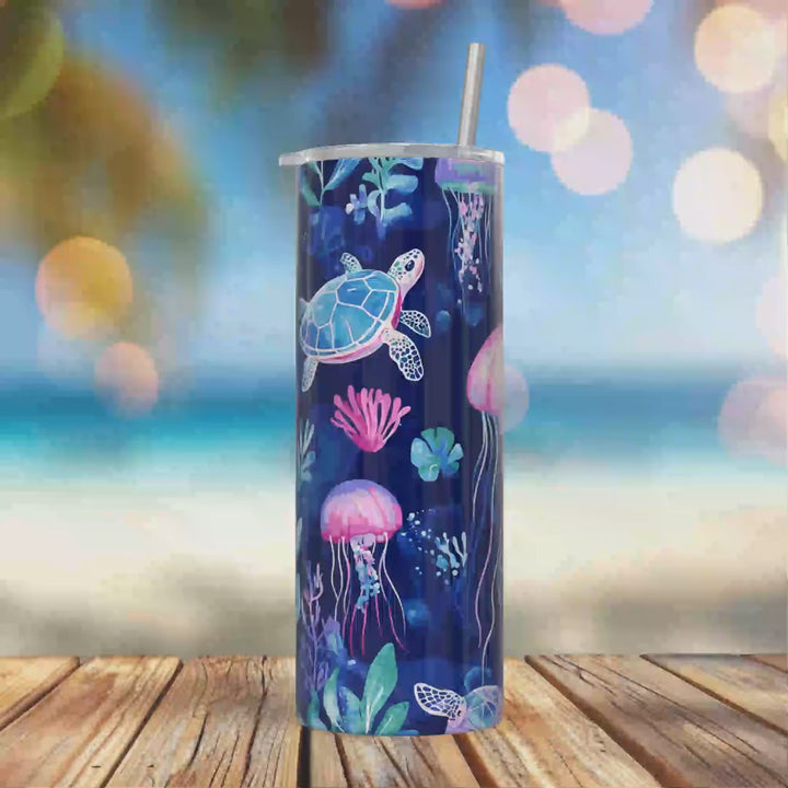 Ocean Jellyfish and Sea Turtle 20oz Personalized Tumbler With Lid and Stainless Steel Straw, Underwater Coral Reef Gift Cup