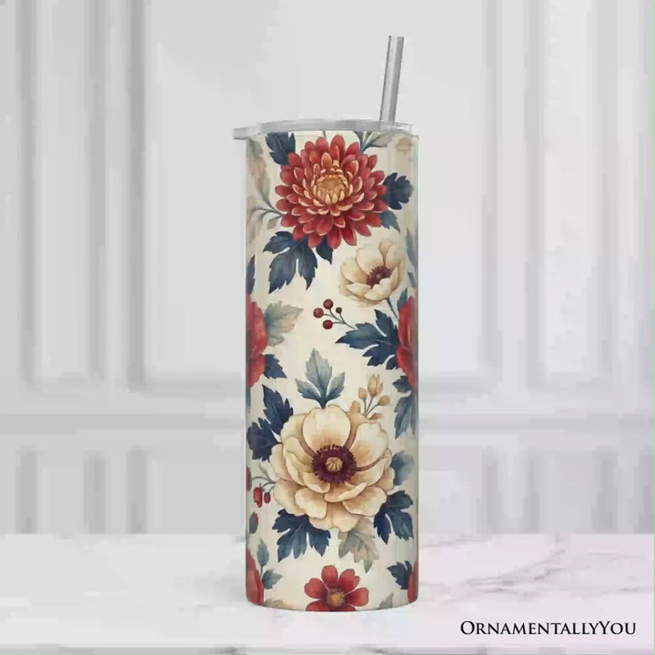 Elegant Red and Cream Flowers 20oz Personalized Tumbler With Lid and Stainless Steel Straw, Classic Floral Pattern Gift Cup