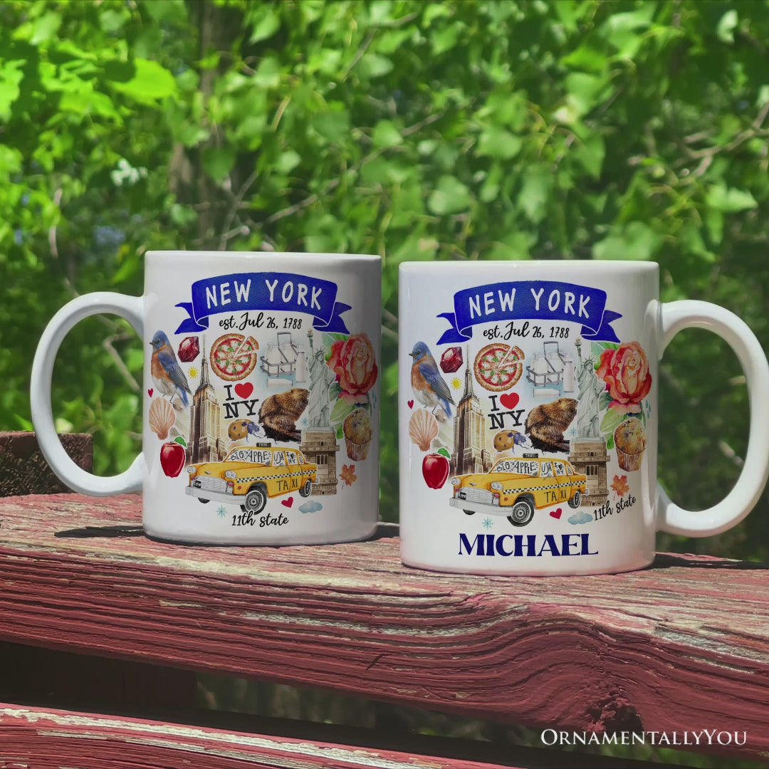 Artistic New York State Themes and Landmarks Personalized Mug With Custom Name