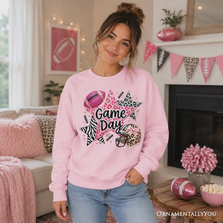 Leopard Pink Stars Football Sweatshirt, Coquette Game Day Sweater