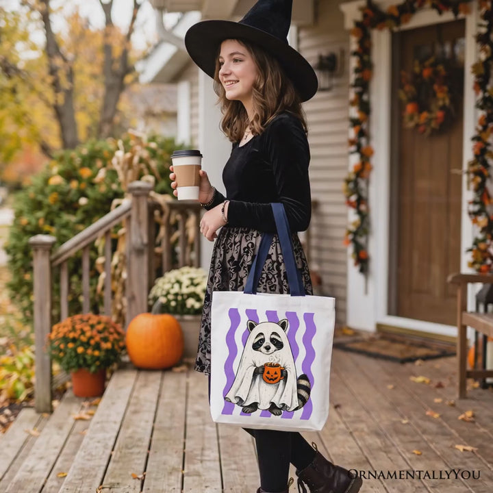 Ghost Costume Raccoon Tote Bag, Halloween Pumpkin Coffee Mug Gift Shopper