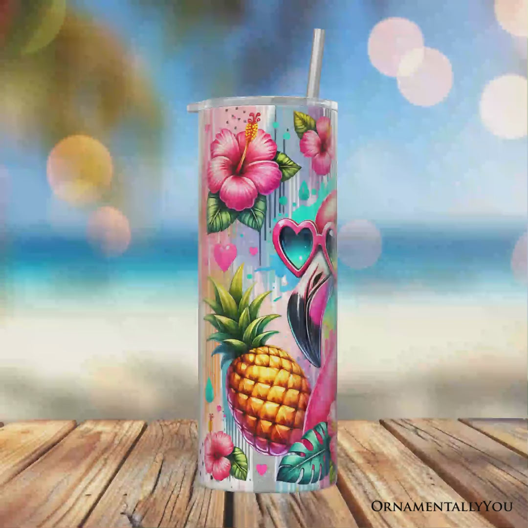 Tropical Flamingo Pineapple Hibiscus 20oz Personalized Tumbler With Lid and Stainless Steel Straw, Colorful Summer Bird Gift Cup
