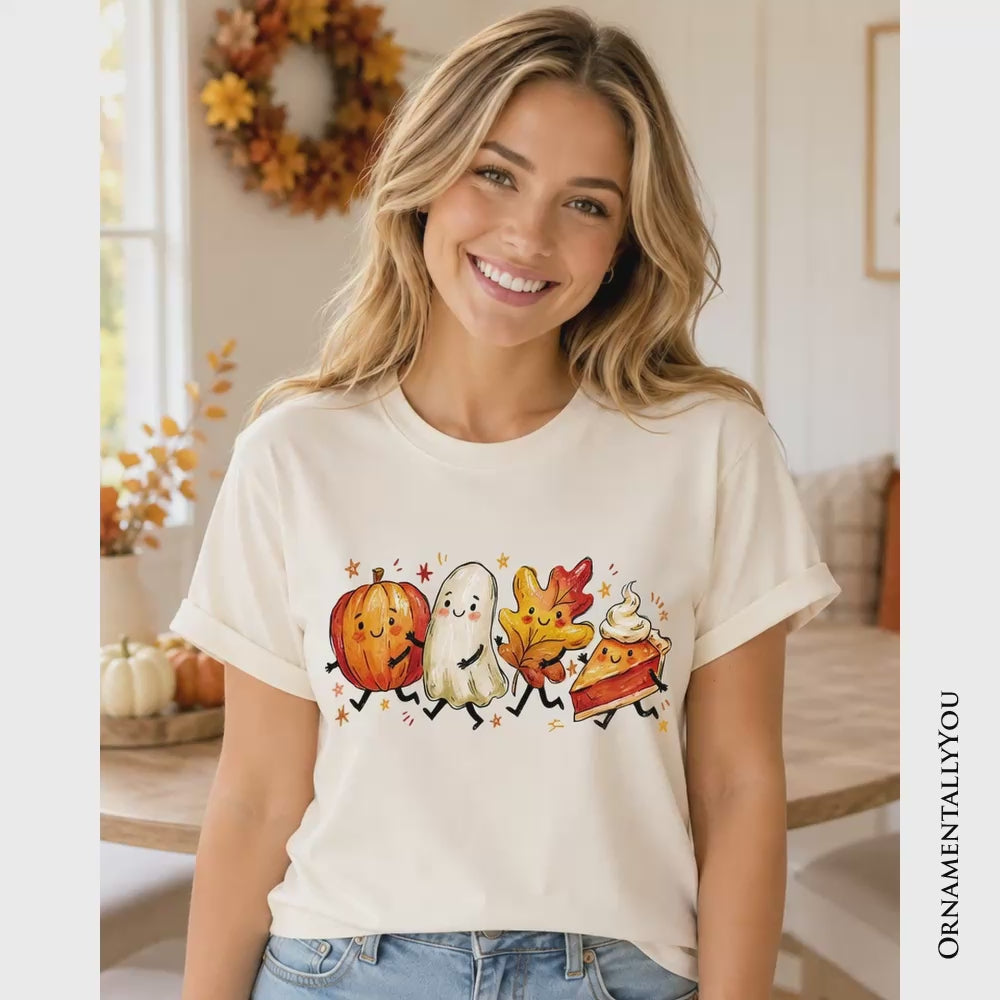 Cute Fall Characters T-Shirt, Pumpkin Ghost Leaf Pie Autumn Tee