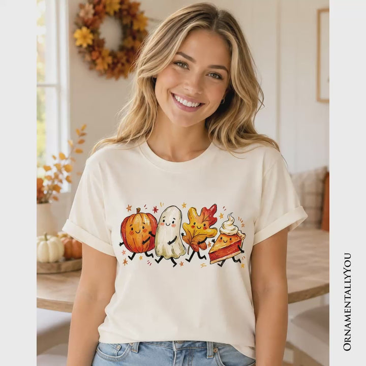 Cute Fall Characters T-Shirt, Pumpkin Ghost Leaf Pie Autumn Tee