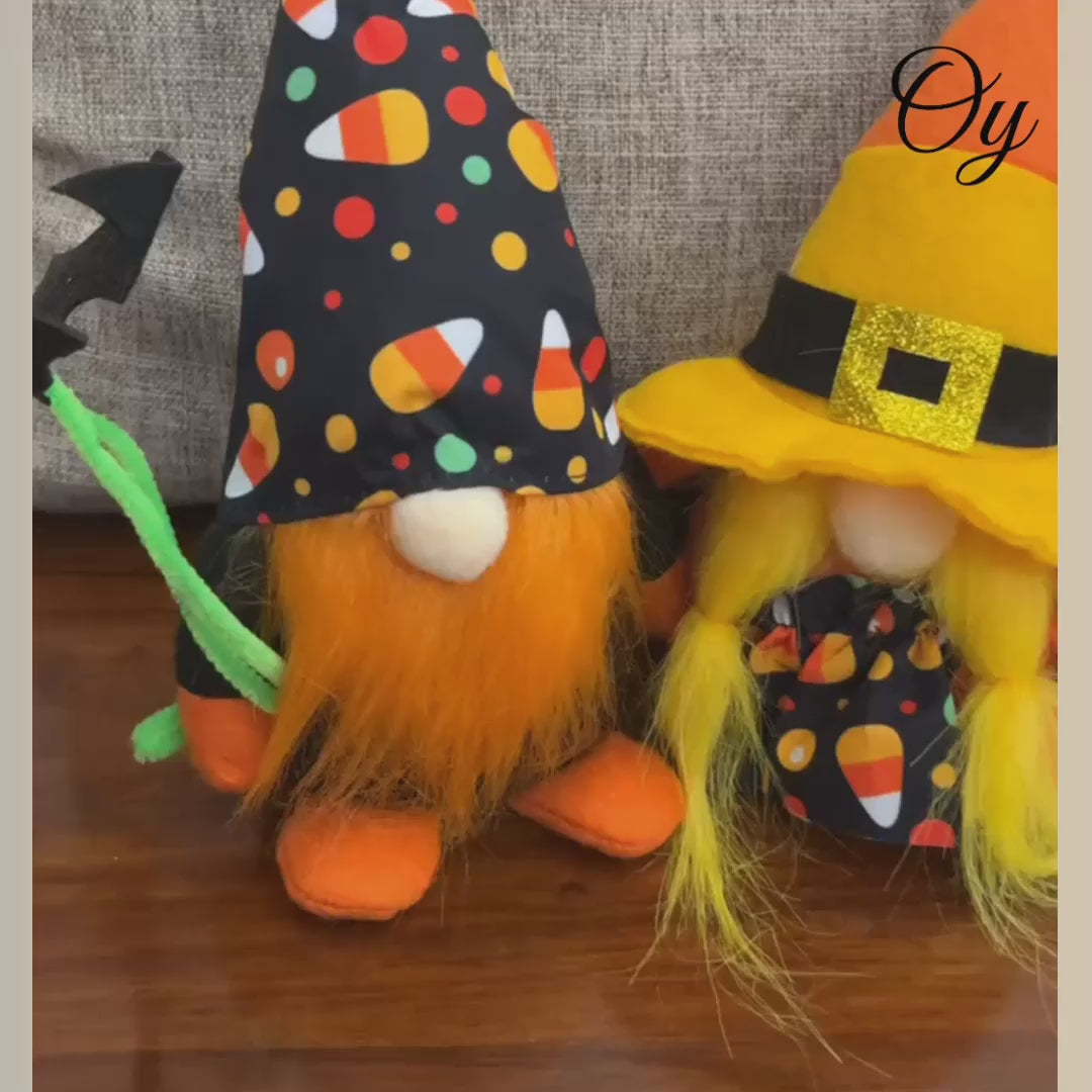 Candy Corn Themed Halloween Gnomes, Black Orange and Yellow Plush Colors