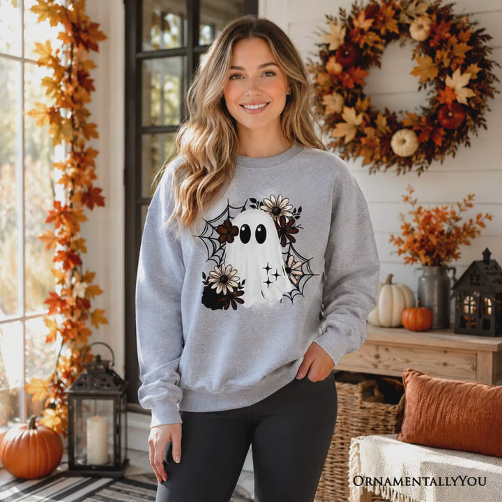 Floral Ghost Sweatshirt, Neutral Boho Halloween Spider Web Sweater