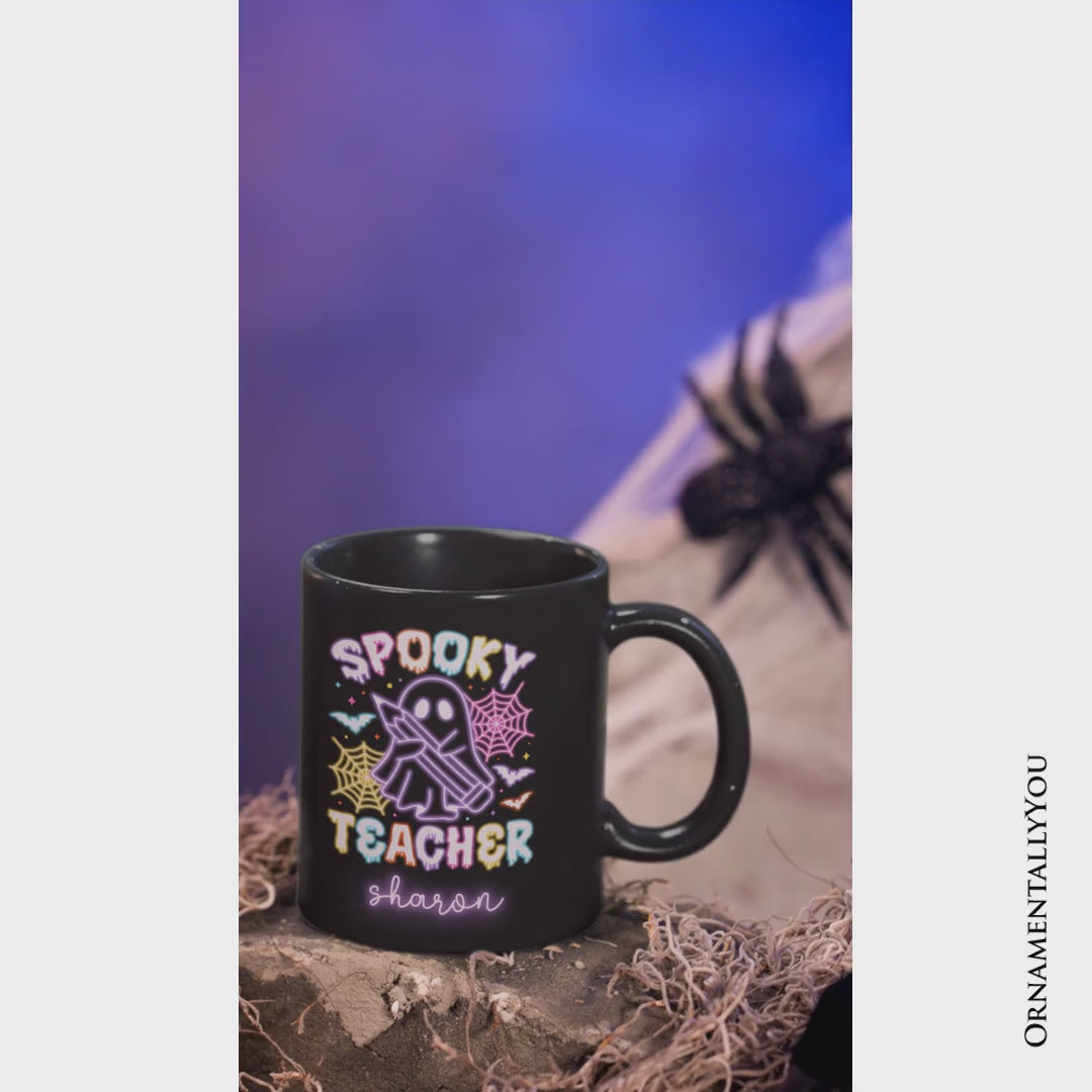 Spooky Teacher Neon Ghost Personalized Mug, Retro Halloween Gift with Custom Name for Educators