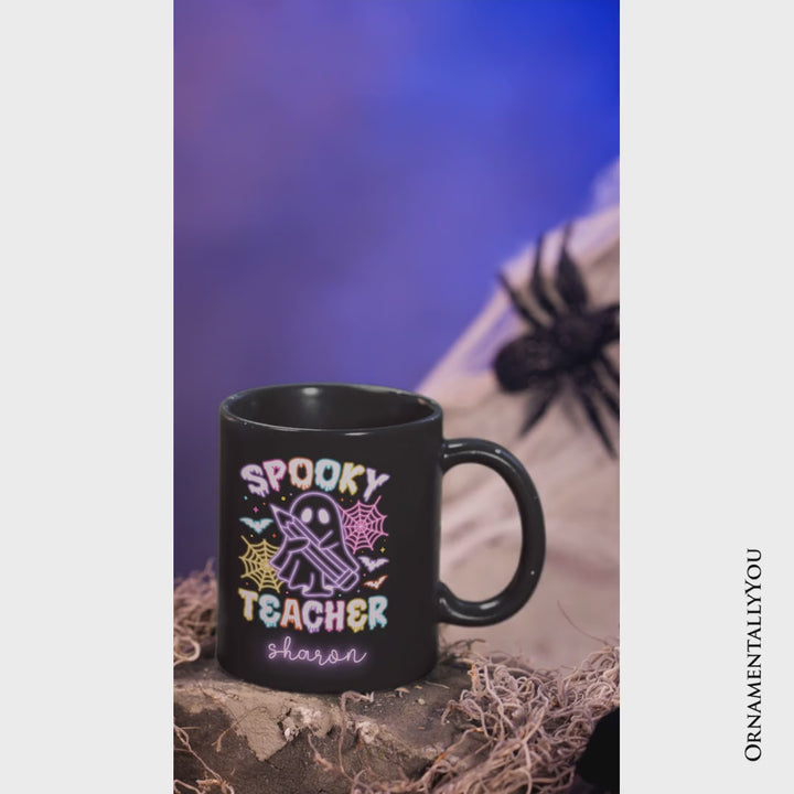 Spooky Teacher Neon Ghost Personalized Mug, Retro Halloween Gift with Custom Name for Educators