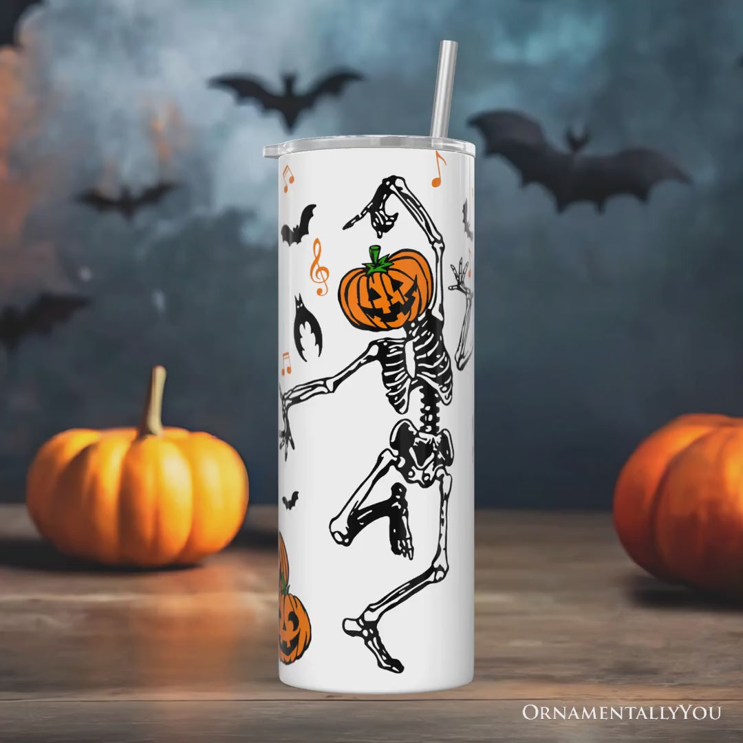 Dancing Skeletons with Pumpkin Head 20oz Personalized Tumbler With Lid and Stainless Steel Straw, Funny Dry Bones Come Alive Halloween Gift Cup