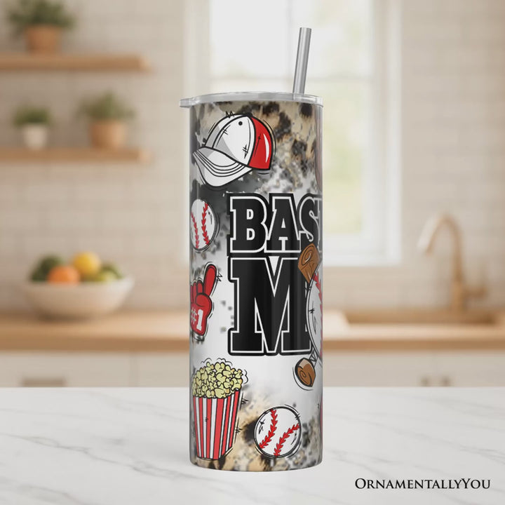 Black and Red Baseball Mom Pattern 20oz Personalized Tumbler With Lid and Stainless Steel Straw, Proud Sports Mothers Gift Cup