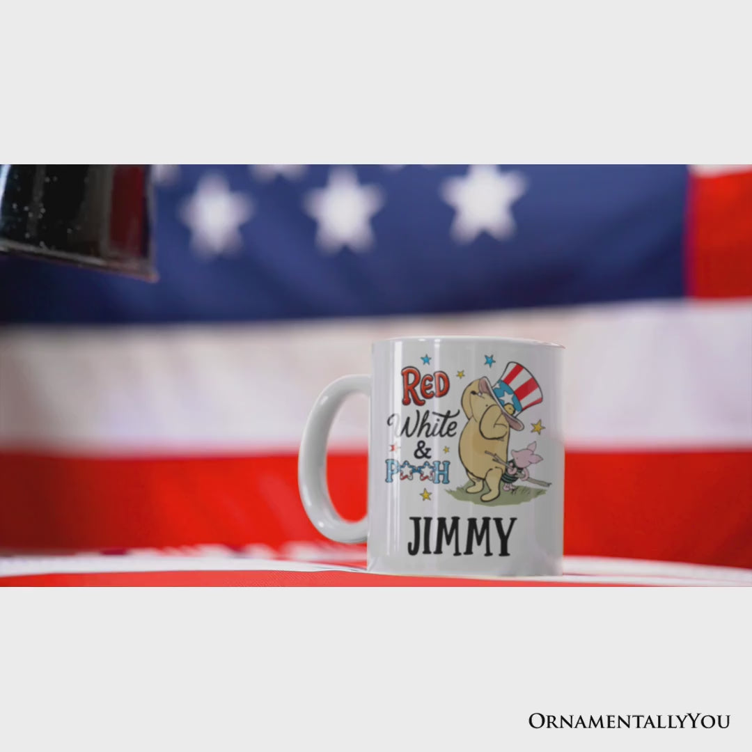 Patriotic Red White & Proud Personalized Mug, 4th of July Celebration Pooh Bear Gift with Custom Name