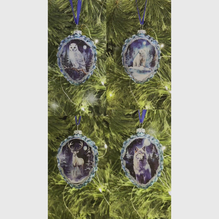 Arctic Animal Illustration Pinecone Glass Christmas Ornament Set