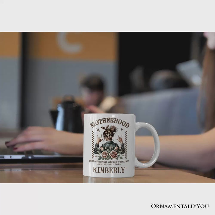 Motherhood Mama Rock Personalized Mug, Retro Gift for Strong Moms With Custom Name