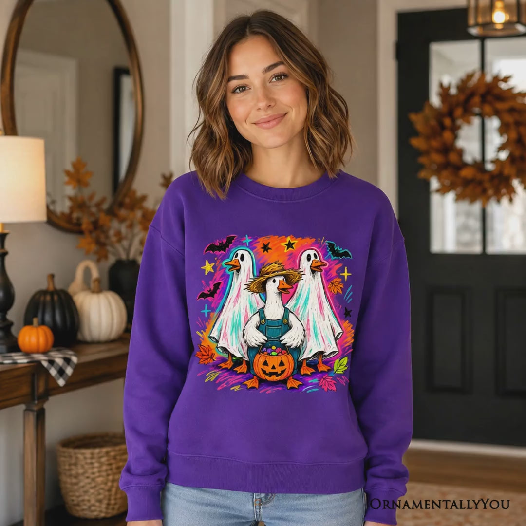 Trick or Treat Geese Sweatshirt, Colorful Halloween Ghost Costume Sweater