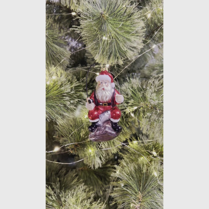 Relaxing Santa Claus Fishing Ornament, Hand Blown Glass Fisherman Gift Decor