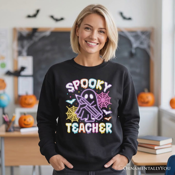 Spooky Teacher Neon Ghost Sweatshirt, Retro Halloween Sweater for Educators