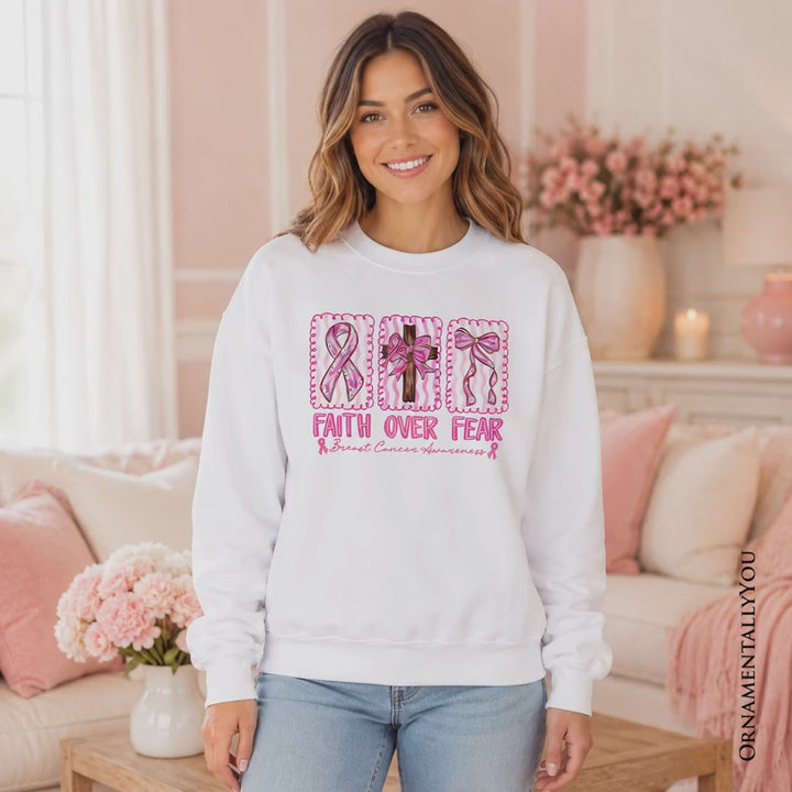 Faith Over Fear Breast Cancer Christian Sweatshirt, Pink Ribbon Awareness Sweater
