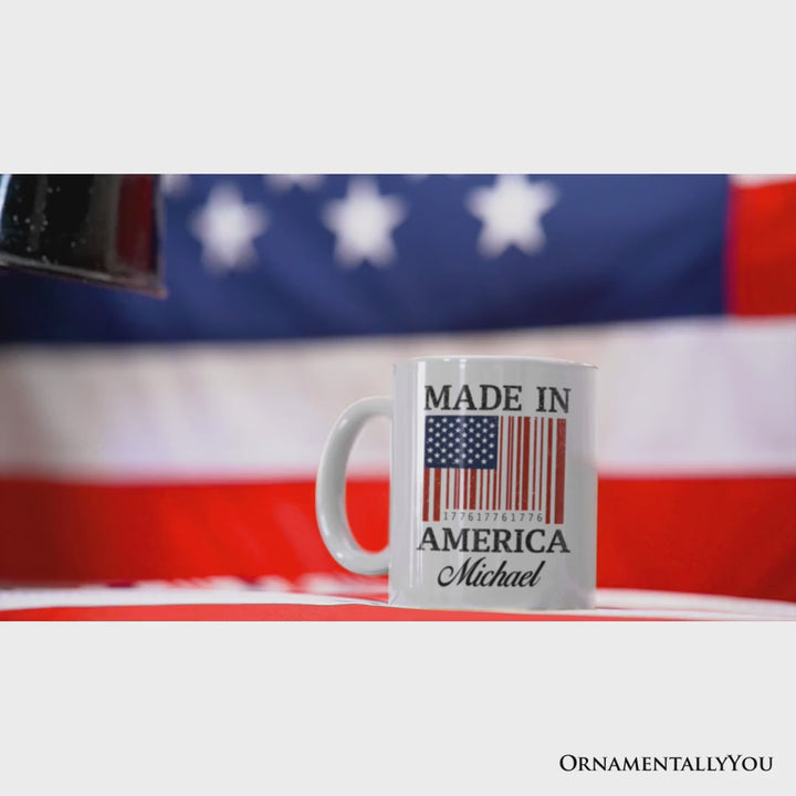 Made In America Bar Code Flag Personalized Mug, Patriotic 1776 USA 250th Anniversary Gift with Custom Name
