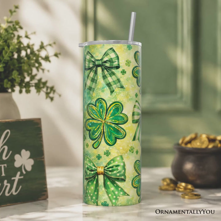 Green Shamrock Bow Pattern 20oz Personalized Tumbler With Lid and Stainless Steel Straw, Coquette St Patrick Gift Cup