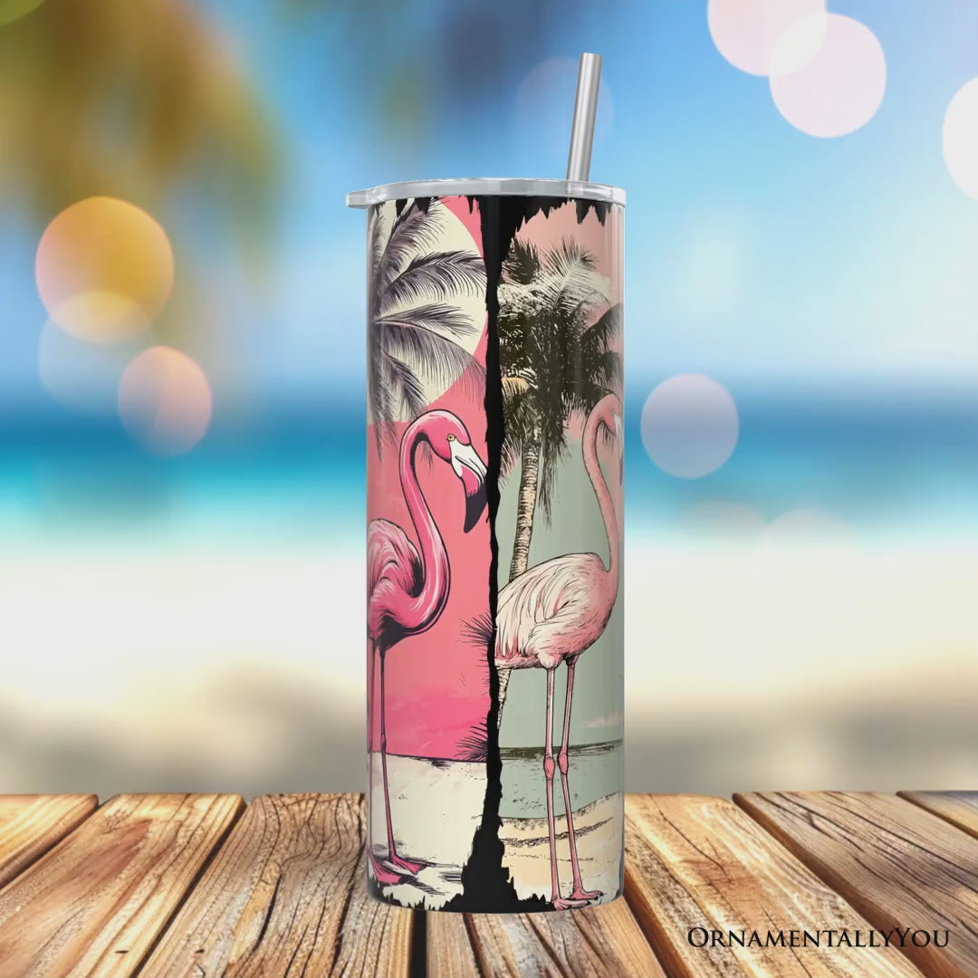 Retro Flamingo Beach 20oz Personalized Tumbler With Lid and Stainless Steel Straw, Summer Vacation Sunset Gift Cup
