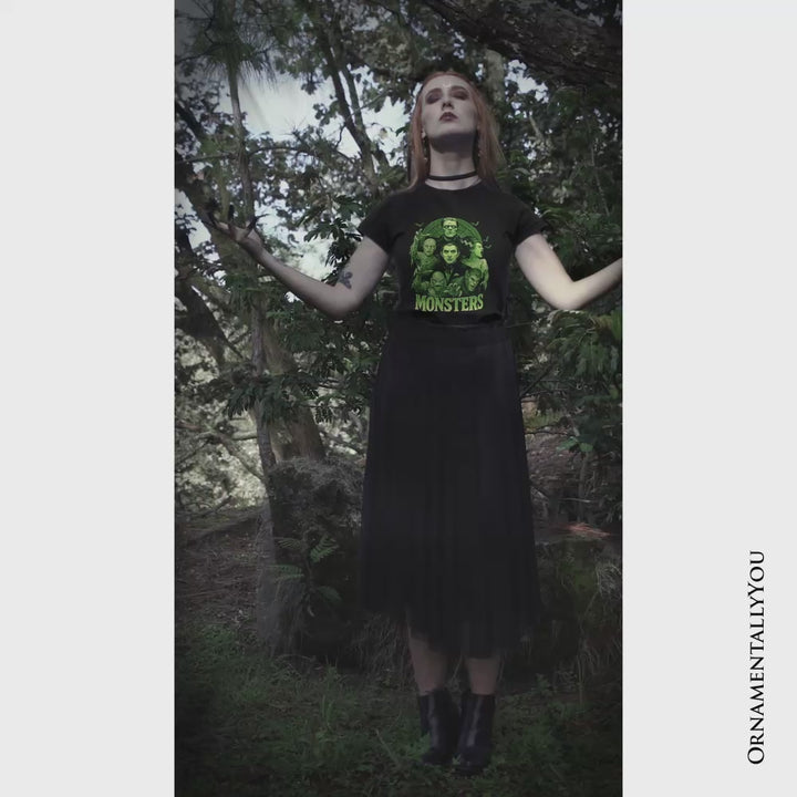 Green Retro Monsters T-Shirt, Vintage Classic Horror Halloween Tee