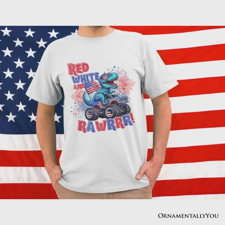 Patriotic Dinosaur Monster Truck T-Shirt, Red White and Rawrr 4th of July Tee