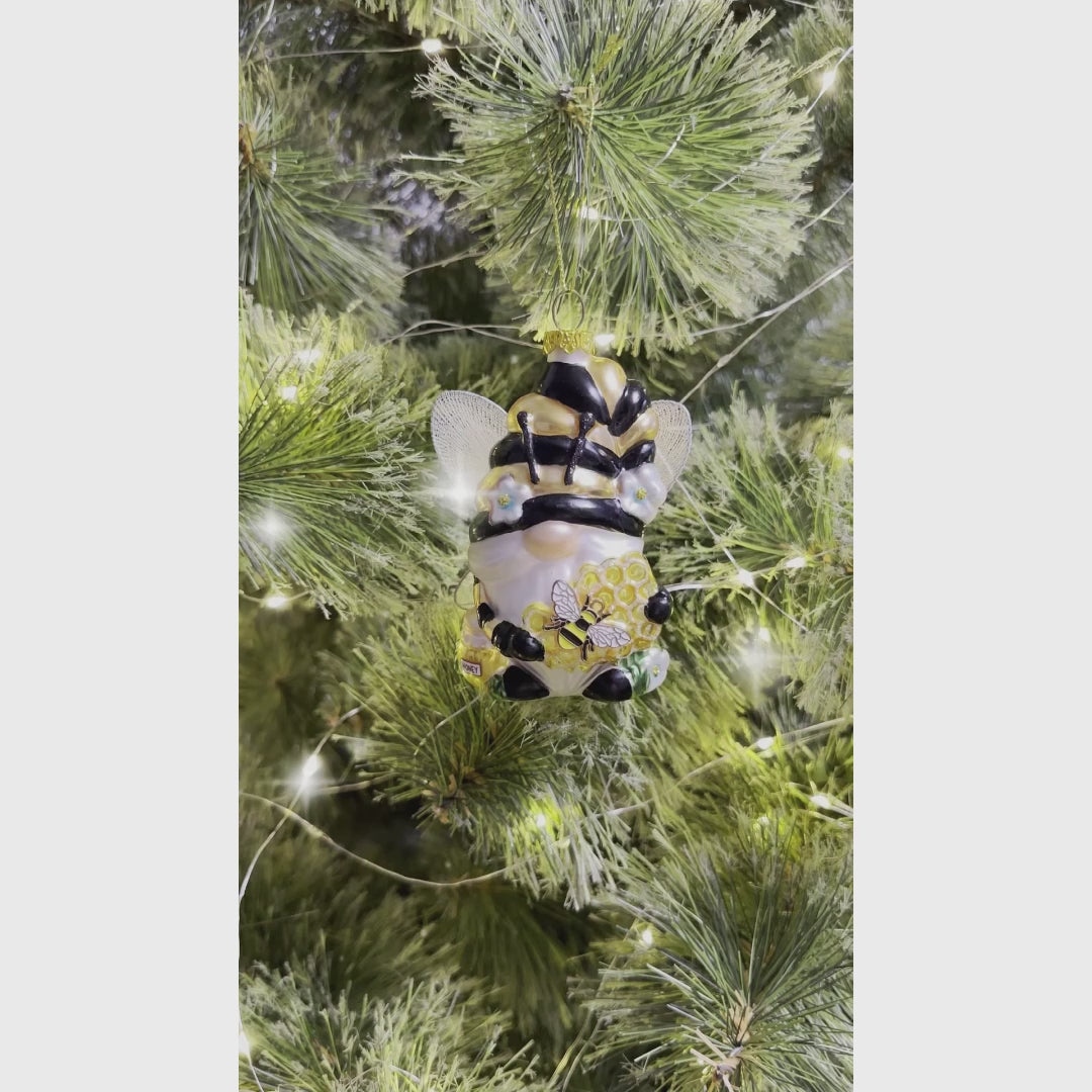 Sparkling Bee Gnome Glass Christmas Ornament, Bumblebee Themed Holiday Decor