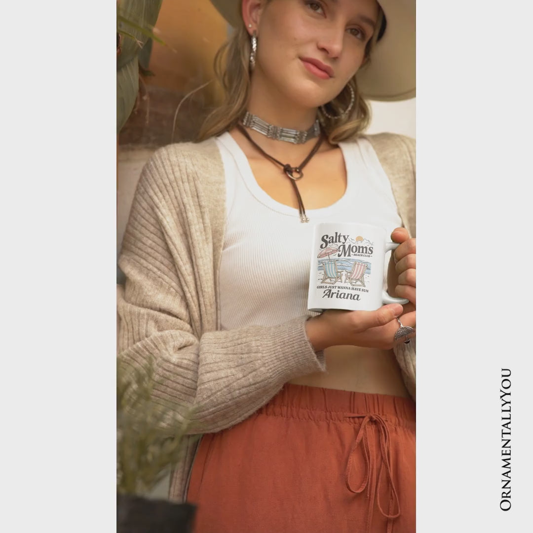 Salty Moms Beach Club Personalized Mug, Retro Summer Gift with Custom Name