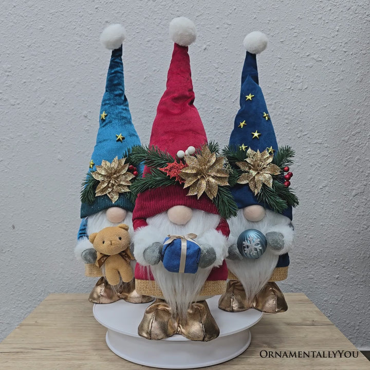 Festive Poinsettia Plush Gnome Set of 3, Blue Red and Teal 21" Christmas Decor with Present and Teddy Bear