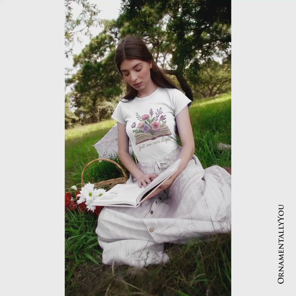 Floral Book Printed Faux Yarn Crochet T-Shirt, Just One More Chapter Bookworm Tee