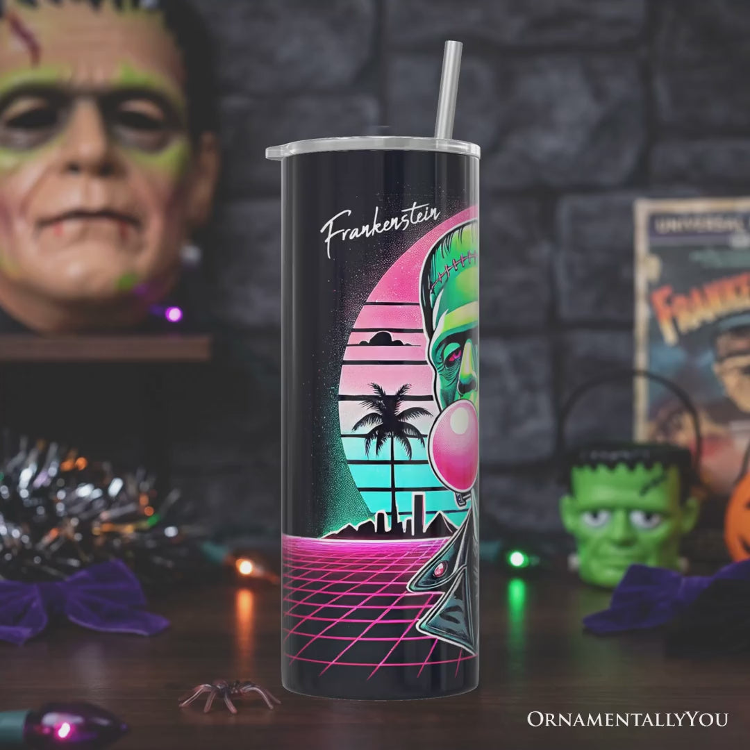 Vaporwave Frankenstein Retro Neon Horror 20oz Personalized Tumbler With Lid and Stainless Steel Straw, Synthwave 80's Styled Classic Halloween Gift Cup