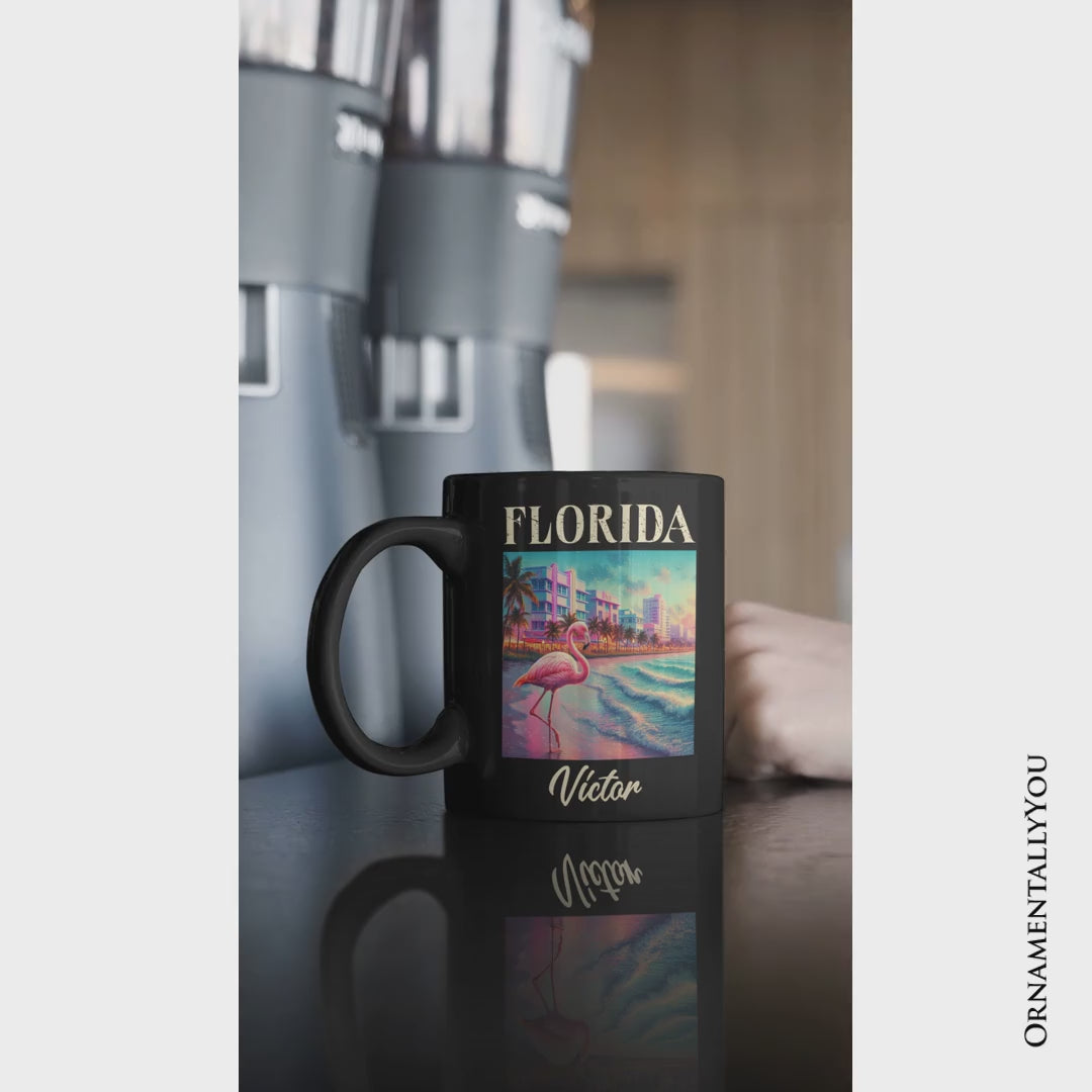 Vibrant Florida State Flamingo Personalized Mug, Miami Beach Souvenir and Coastal Gift with Custom Name