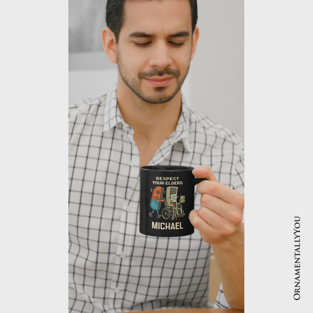 Respect Your Elders Gaming Controller Personalized Mug, Old School Gamer Humor Gift with Custom Name